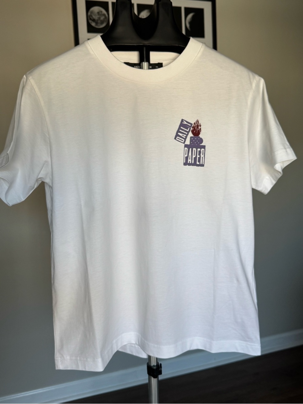 Daily Paper White Tee with Small Purple & Red Chest Graphic